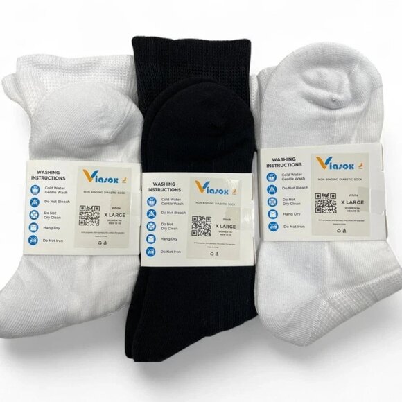 3 Pair Viasox Diabetic Non Binding Crew Socks XL Men's 13-19 Women's 14 X-Large - Picture 2 of 3